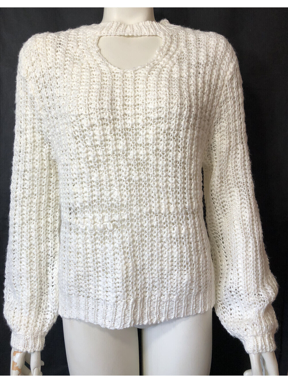 Moral Fiber Womens Medium Loose Knit Ivory Sweater Cutout Neckline Long Sleeves